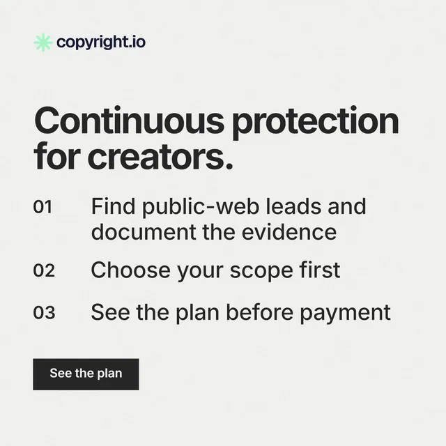 Instagram post for copyright.io: "Continuous protection for creators." Swiss style, numbered layout, light palette in white, grey.