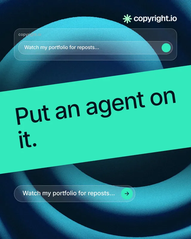 Instagram portrait post for copyright.io: "Put an agent on it." Agentic glass style, diagonal layout, dark palette in black, teal, blue.