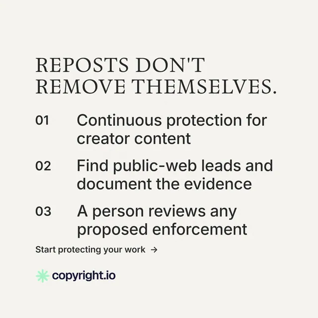 Instagram post for copyright.io: "Reposts don't remove themselves." Minimal luxury style, numbered layout, light palette in white, grey.