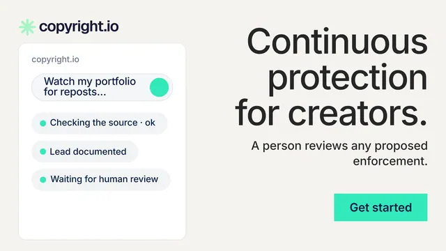 Landscape graphic for copyright.io: "Continuous protection for creators." Swiss style, right layout, light palette in white, grey.