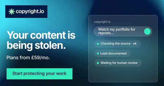 Social ad for copyright.io: "Your content is being stolen." Swiss style, bottom layout, dark palette in black, blue, teal.