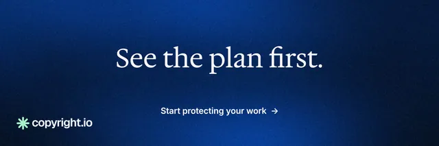 X header for copyright.io: "See the plan first." Minimal luxury style, centred layout, dark palette in blue, black.