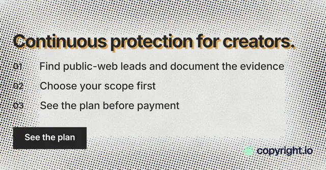 Social ad for copyright.io: "Continuous protection for creators." Swiss style, numbered layout, light palette in grey, white.