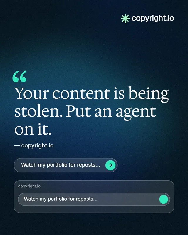 Instagram portrait post for copyright.io: "Protect your work." Agentic glass style, quote layout, dark palette in blue, black.