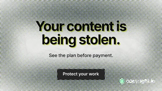 Landscape graphic for copyright.io: "Your content is being stolen." Swiss style, centred layout, light palette in grey, white.