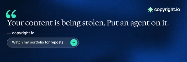 X header for copyright.io: "Continuous protection for creators." Agentic glass style, quote layout, dark palette in blue, black.