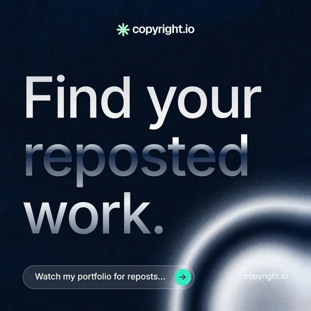 Instagram post for copyright.io: "Find your reposted work." Agentic glass style, poster layout, dark palette in black, grey, blue.