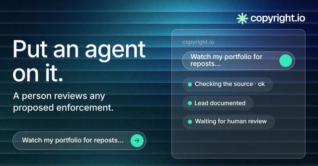 Social ad for copyright.io: "Put an agent on it." Agentic glass style, bottom layout, dark palette in blue, black.