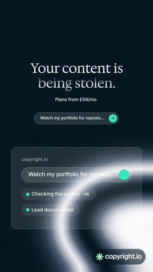 Instagram story for copyright.io: "Your content is being stolen." Agentic glass style, centred layout, dark palette in black, blue, grey.