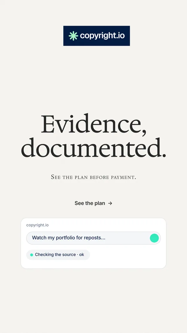 Instagram story for copyright.io: "Evidence, documented." Editorial style, smallcaps layout, light palette in white, grey.