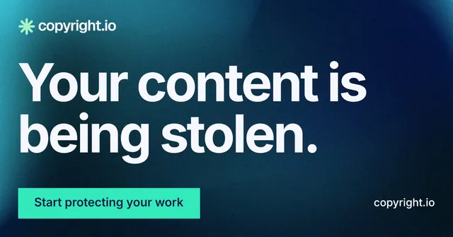 Social ad for copyright.io: "Your content is being stolen." Swiss style, poster layout, dark palette in blue, black, teal.