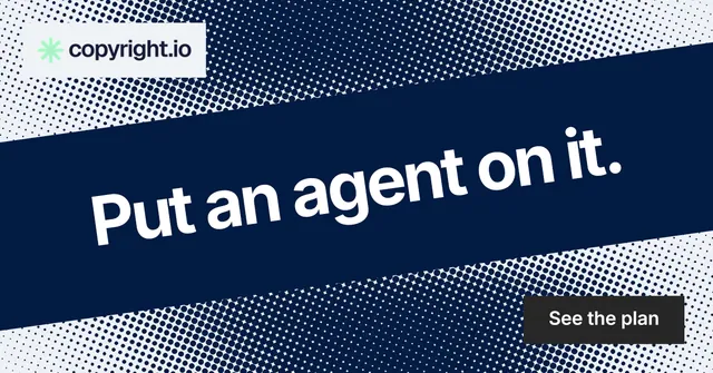 Social ad for copyright.io: "Put an agent on it." Swiss style, diagonal layout, dark palette in blue, grey.