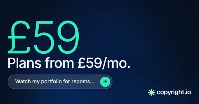 Social ad for copyright.io: "Find your reposted work." Agentic glass style, stat layout, dark palette in blue, black, teal.