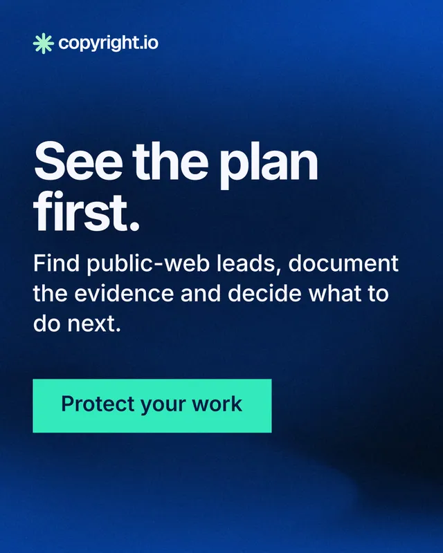 Instagram portrait post for copyright.io: "See the plan first." Swiss style, skeleton layout, dark palette in blue, teal.