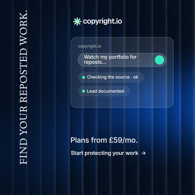 Instagram post for copyright.io: "Find your reposted work." Minimal luxury style, vertical layout, dark palette in black, blue.