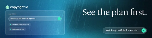 LinkedIn banner for copyright.io: "See the plan first." Agentic glass style, right layout, dark palette in blue, black.