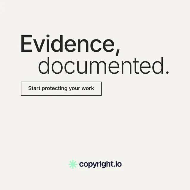 Instagram post for copyright.io: "Evidence, documented." Editorial style, stacked layout, light palette in white, grey.