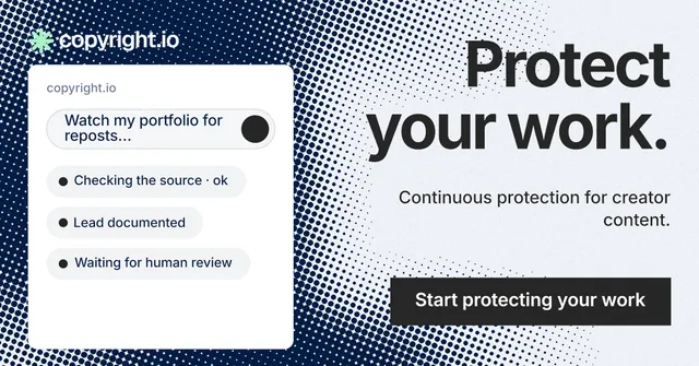 Social ad for copyright.io: "Protect your work." Swiss style, right layout, light palette in white, blue, grey.