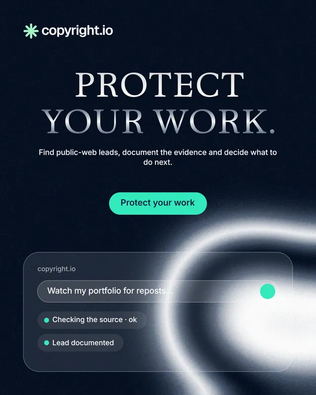 Instagram portrait post for copyright.io: "Protect your work." Y2K style, centred layout, dark palette in black, blue, grey.