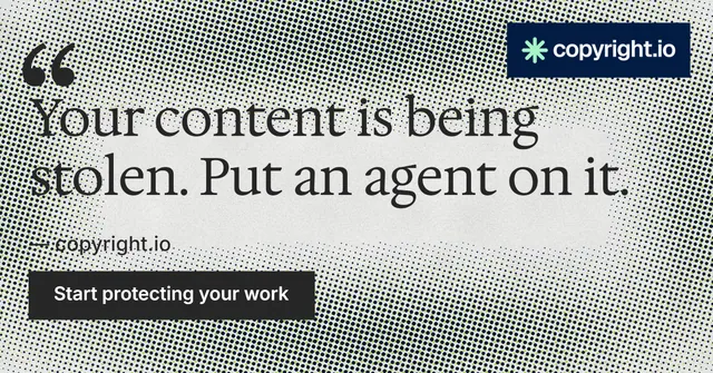 Social ad for copyright.io: "Reposts don't remove themselves." Swiss style, quote layout, light palette in grey, white.