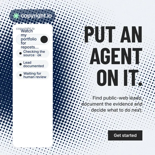 Instagram post for copyright.io: "Put an agent on it." Retro print style, right layout, light palette in grey, blue, white.