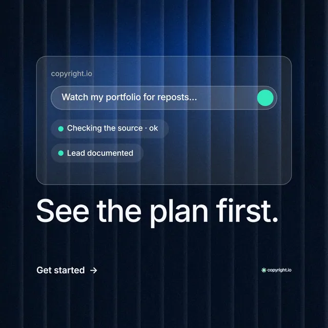 Instagram post for copyright.io: "See the plan first." Minimal luxury style, bottom layout, dark palette in blue, black.