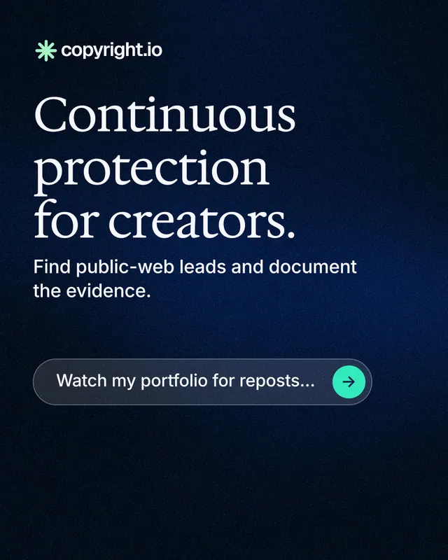 Instagram portrait post for copyright.io: "Continuous protection for creators." Agentic glass style, skeleton layout, dark palette in black, blue.