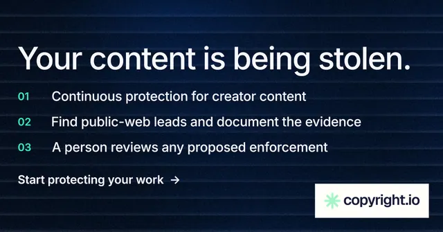Social ad for copyright.io: "Your content is being stolen." Minimal luxury style, numbered layout, dark palette in black, grey.