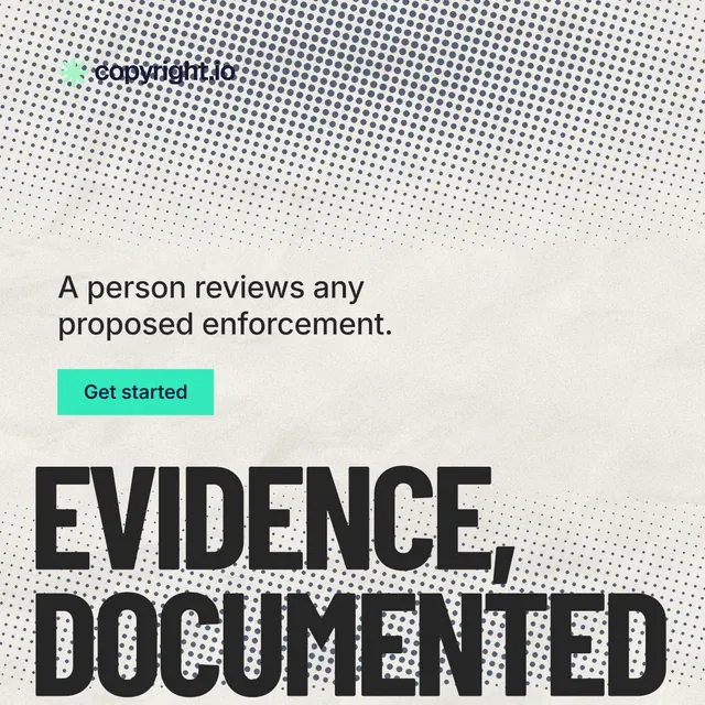 Instagram post for copyright.io: "Evidence, documented." Retro print style, oversized layout, light palette in grey, yellow, white.
