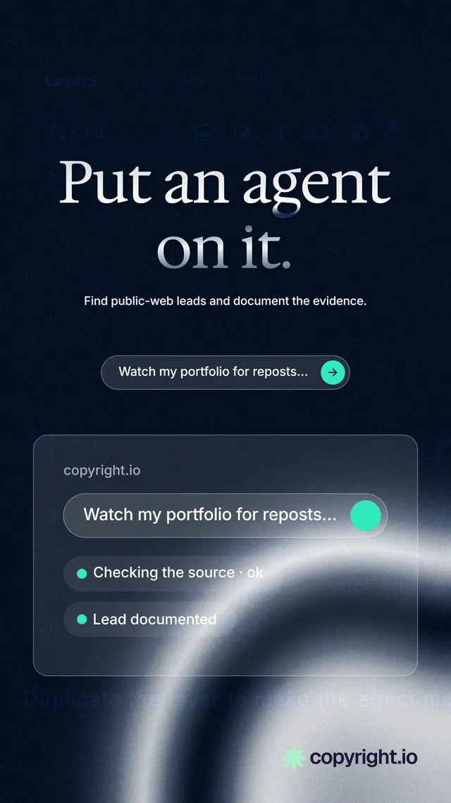Instagram story for copyright.io: "Put an agent on it." Agentic glass style, centred layout, dark palette in black, blue, grey.