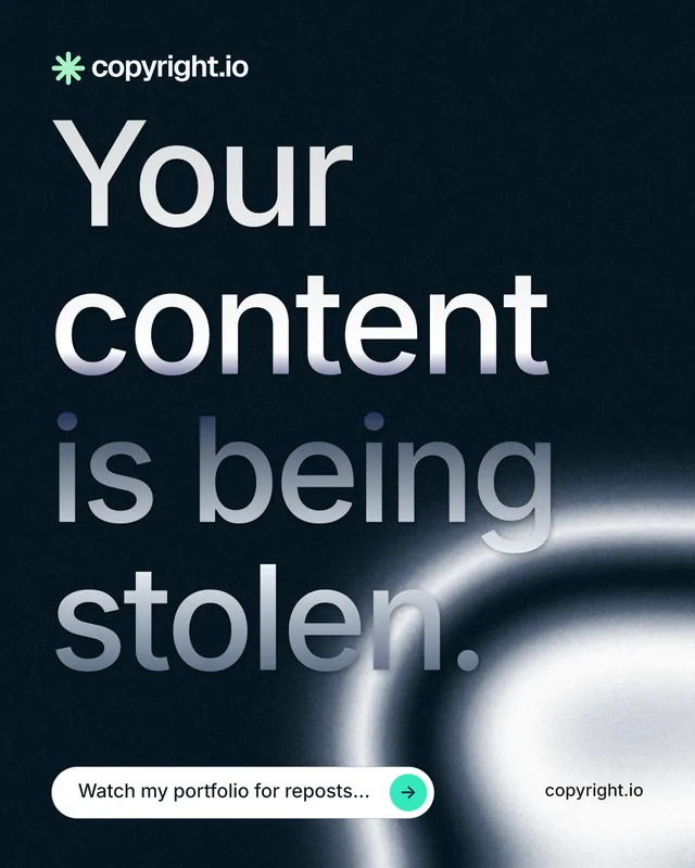 Instagram portrait post for copyright.io: "Your content is being stolen." Agentic glass style, poster layout, dark palette in black, white, grey.