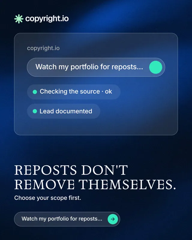 Instagram portrait post for copyright.io: "Reposts don't remove themselves." Agentic glass style, bottom layout, dark palette in black, blue.