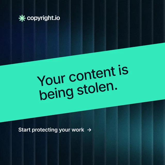 Instagram post for copyright.io: "Your content is being stolen." Minimal luxury style, diagonal layout, dark palette in teal, black, blue.