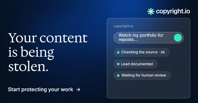 Social ad for copyright.io: "Your content is being stolen." Minimal luxury style, bottom layout, dark palette in blue, black.