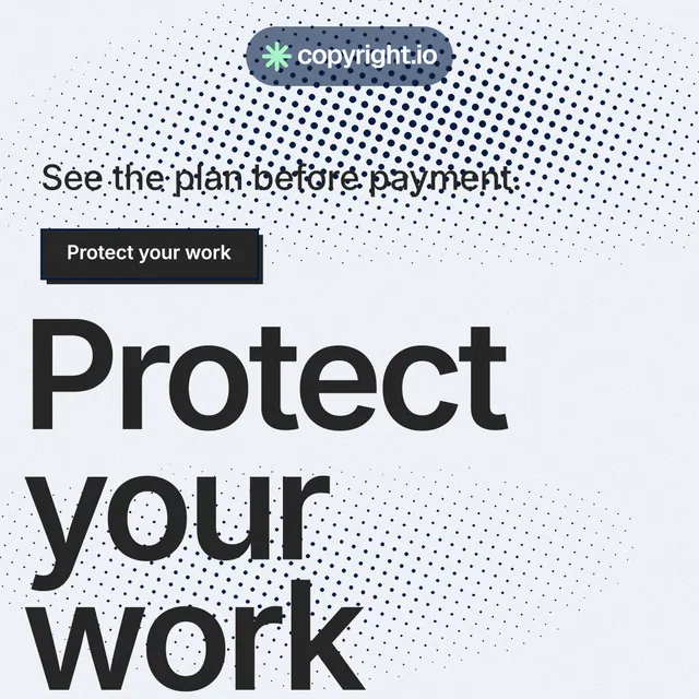 Instagram post for copyright.io: "Protect your work." Brutalist style, oversized layout, light palette in white, grey.