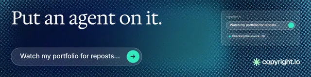 LinkedIn banner for copyright.io: "Put an agent on it." Agentic glass style, skeleton layout, dark palette in blue.