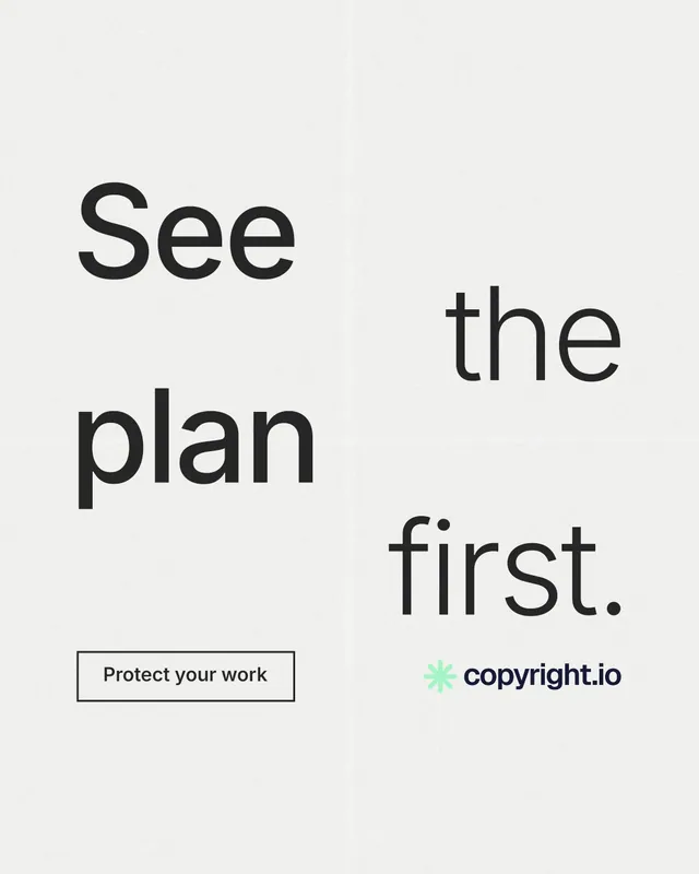 Instagram portrait post for copyright.io: "See the plan first." Editorial style, stacked layout, light palette in white, grey.