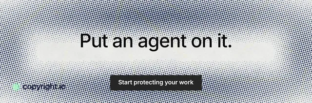 X header for copyright.io: "Put an agent on it." Retro print style, centred layout, light palette in grey, white.