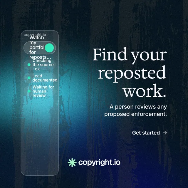 Instagram post for copyright.io: "Find your reposted work." Minimal luxury style, right layout, dark palette in black, blue, teal.
