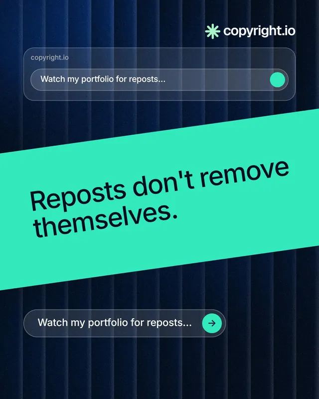 Instagram portrait post for copyright.io: "Reposts don't remove themselves." Agentic glass style, diagonal layout, dark palette in teal, black, blue.