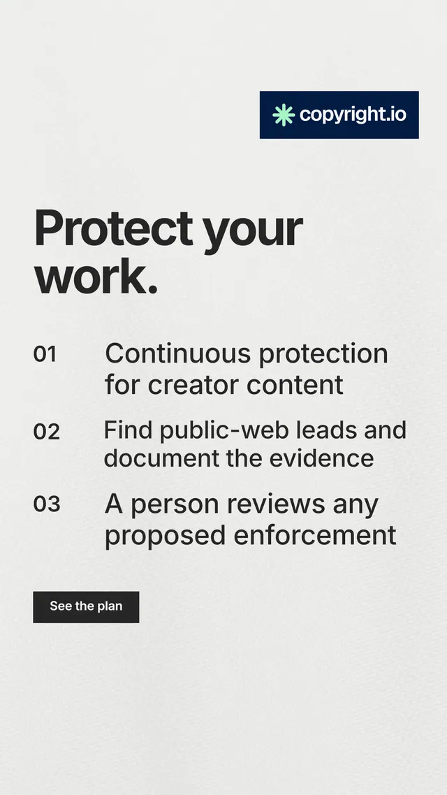 Instagram story for copyright.io: "Protect your work." Swiss style, numbered layout, light palette in white, grey.