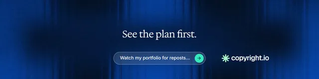 LinkedIn banner for copyright.io: "See the plan first." Agentic glass style, centred layout, dark palette in blue, black.