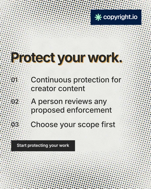 Instagram portrait post for copyright.io: "Protect your work." Swiss style, numbered layout, light palette in grey, white.