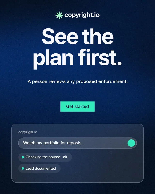 Instagram portrait post for copyright.io: "See the plan first." Swiss style, centred layout, dark palette in blue, black.