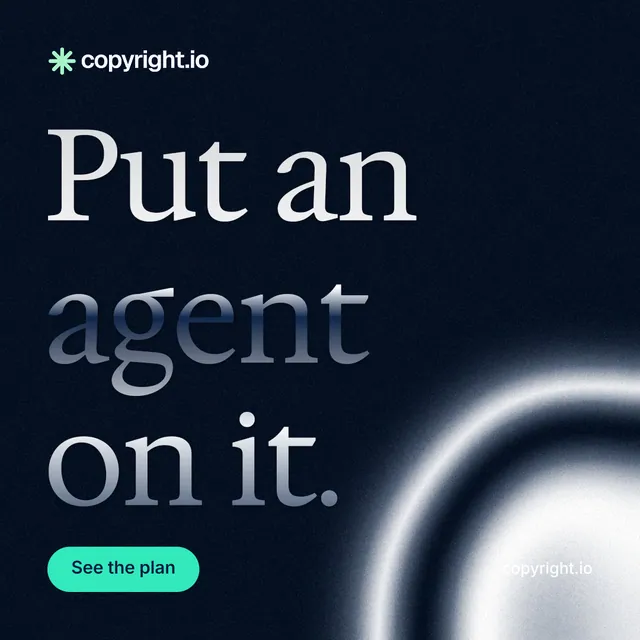 Instagram post for copyright.io: "Put an agent on it." Y2K style, poster layout, dark palette in black, grey.