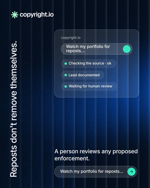 Instagram portrait post for copyright.io: "Reposts don't remove themselves." Agentic glass style, vertical layout, dark palette in black, blue.