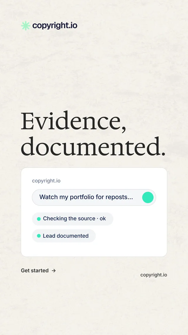 Instagram story for copyright.io: "Evidence, documented." Minimal luxury style, poster layout, light palette in white.