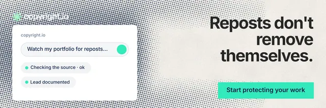 X header for copyright.io: "Reposts don't remove themselves." Swiss style, right layout, light palette in white, grey, green.