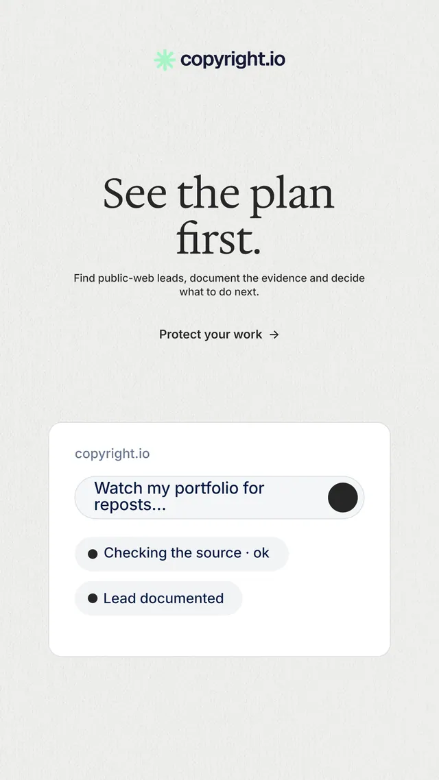 Instagram story for copyright.io: "See the plan first." Minimal luxury style, centred layout, light palette in white.