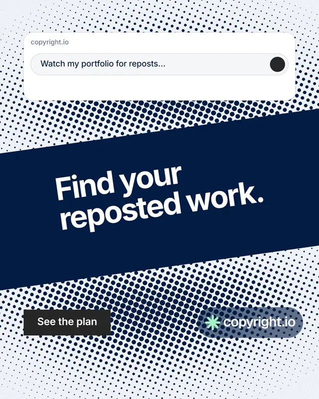 Instagram portrait post for copyright.io: "Find your reposted work." Swiss style, diagonal layout, light palette in white, blue, grey.